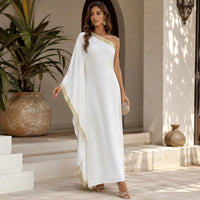 White One-Shoulder Maxi Dress, Gold Embroidered Grecian Gown, Boho Wedding Guest Formal Wear - image 3
