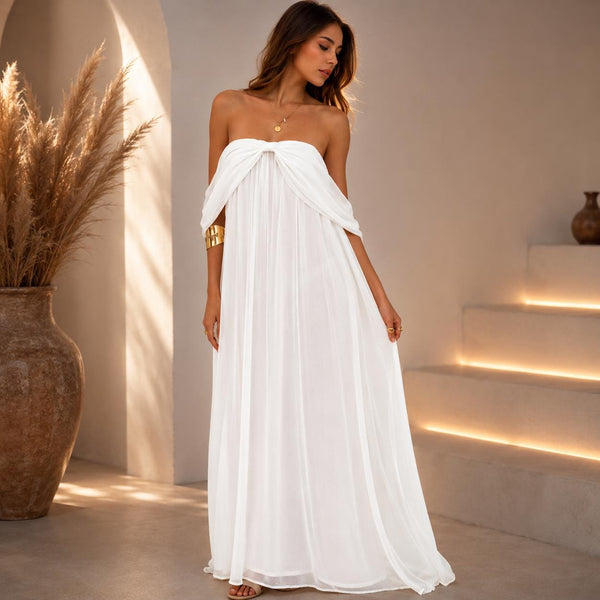 Off-Shoulder Grecian Maxi Dress, Boho Chiffon Beach Wedding Gown