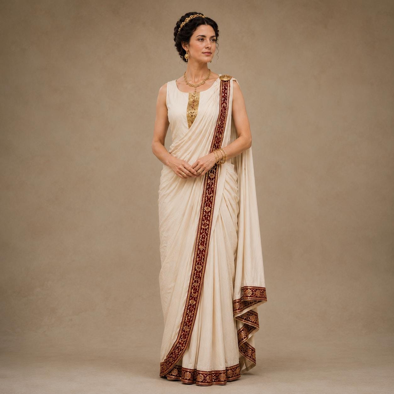 Roman Goddess Saree Costume, Ivory Draped Gown, Sleeveless Toga Outfit, Cosplay Attire - image 6