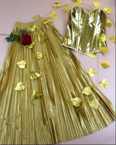 Gold Leaf Goddess Costume, Metallic Corset Dress, Pleated Maxi Skirt, Festival Gown - image 4