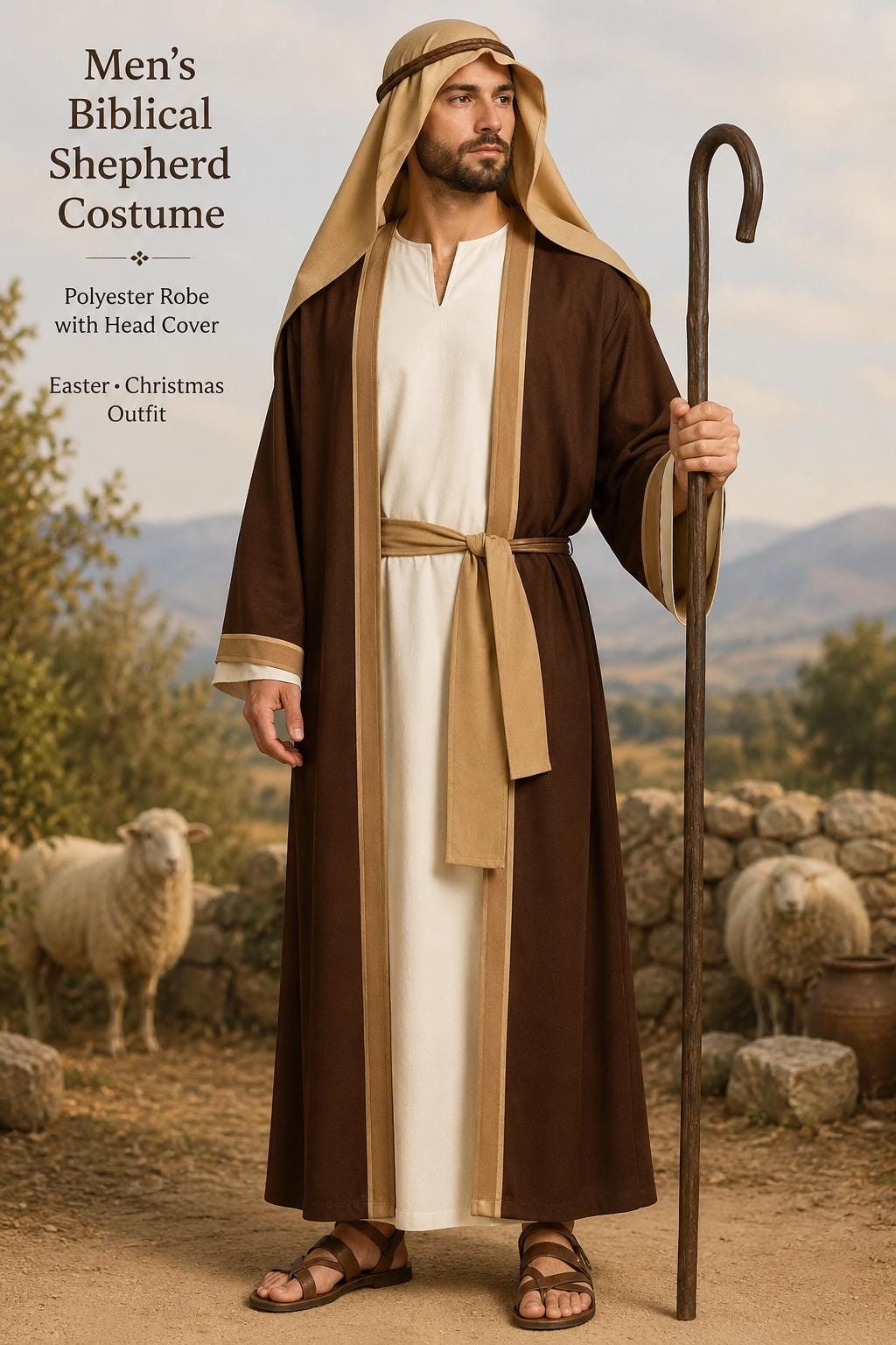 Men's Biblical Shepherd Costume Robe with Head Cover, Nativity Christmas Pageant Wear - image 3