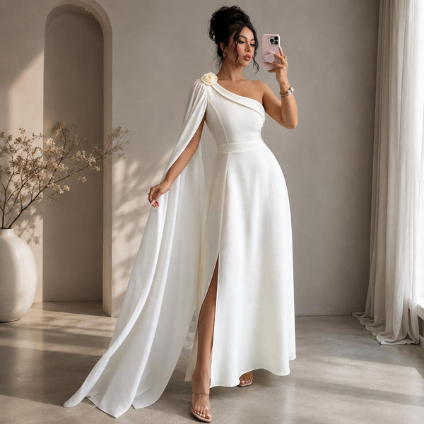 Women's White Toga Saree Maxi Dress | One-Shoulder Greek Goddess Gown