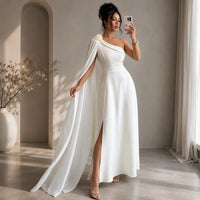 Women's White Toga Saree Maxi Dress | One-Shoulder Greek Goddess Gown - image 2