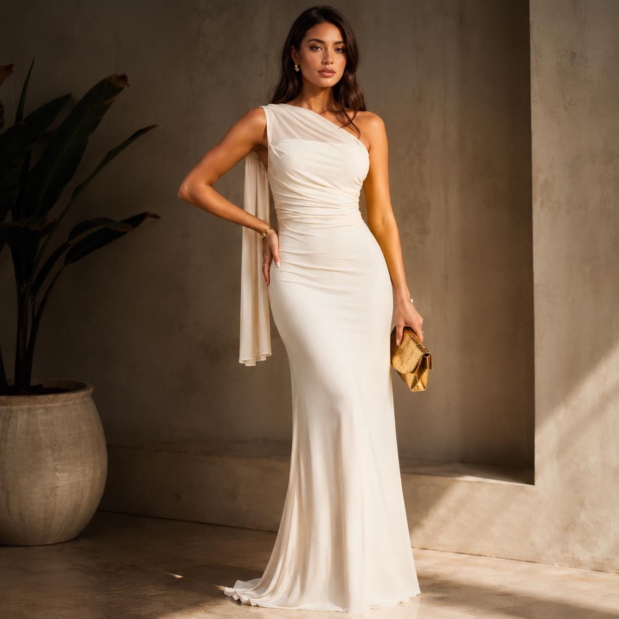 White One Shoulder Grecian Maxi Dress, Embroidered Evening Gown, Boho Wedding Guest - image 2