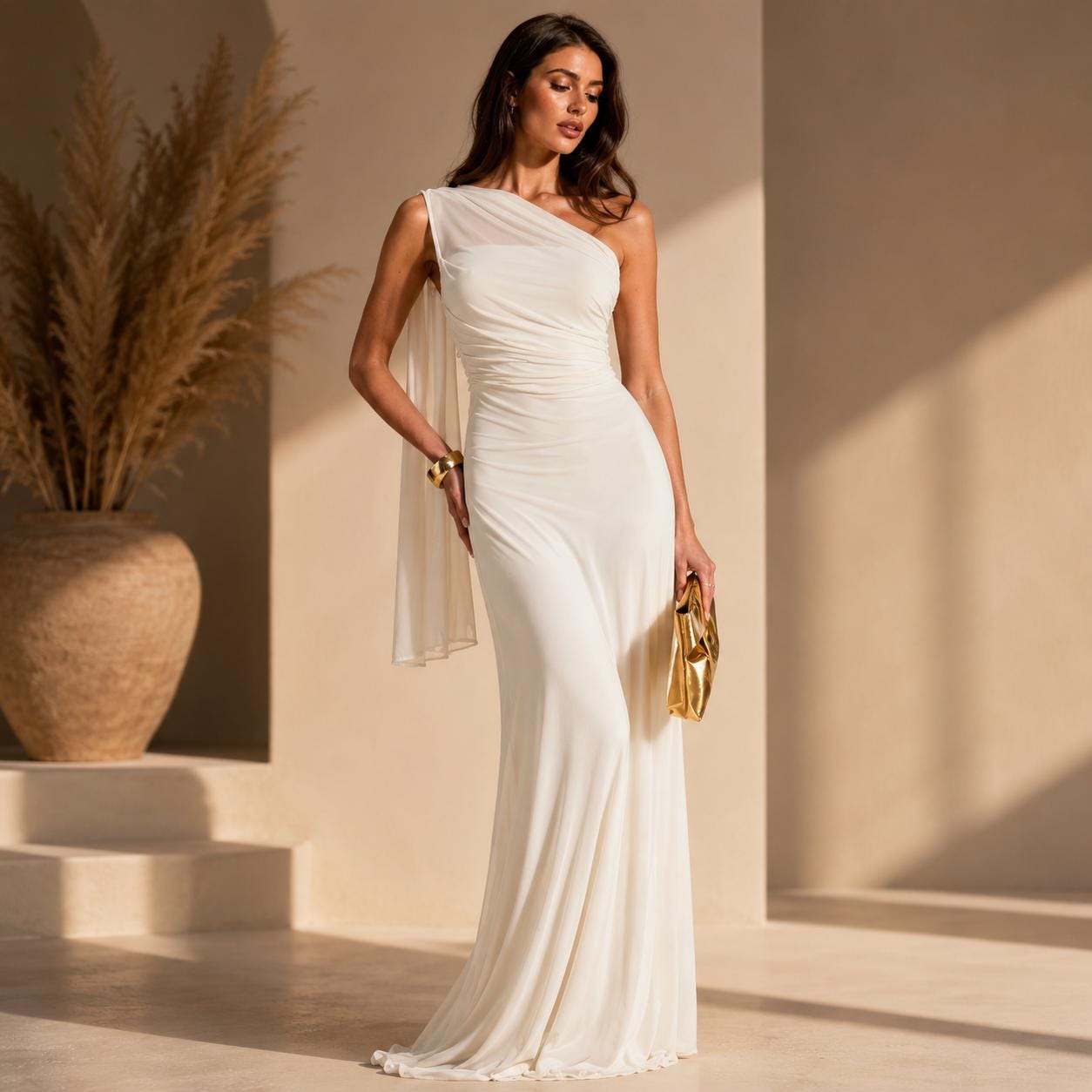 White One Shoulder Grecian Maxi Dress, Embroidered Evening Gown, Boho Wedding Guest