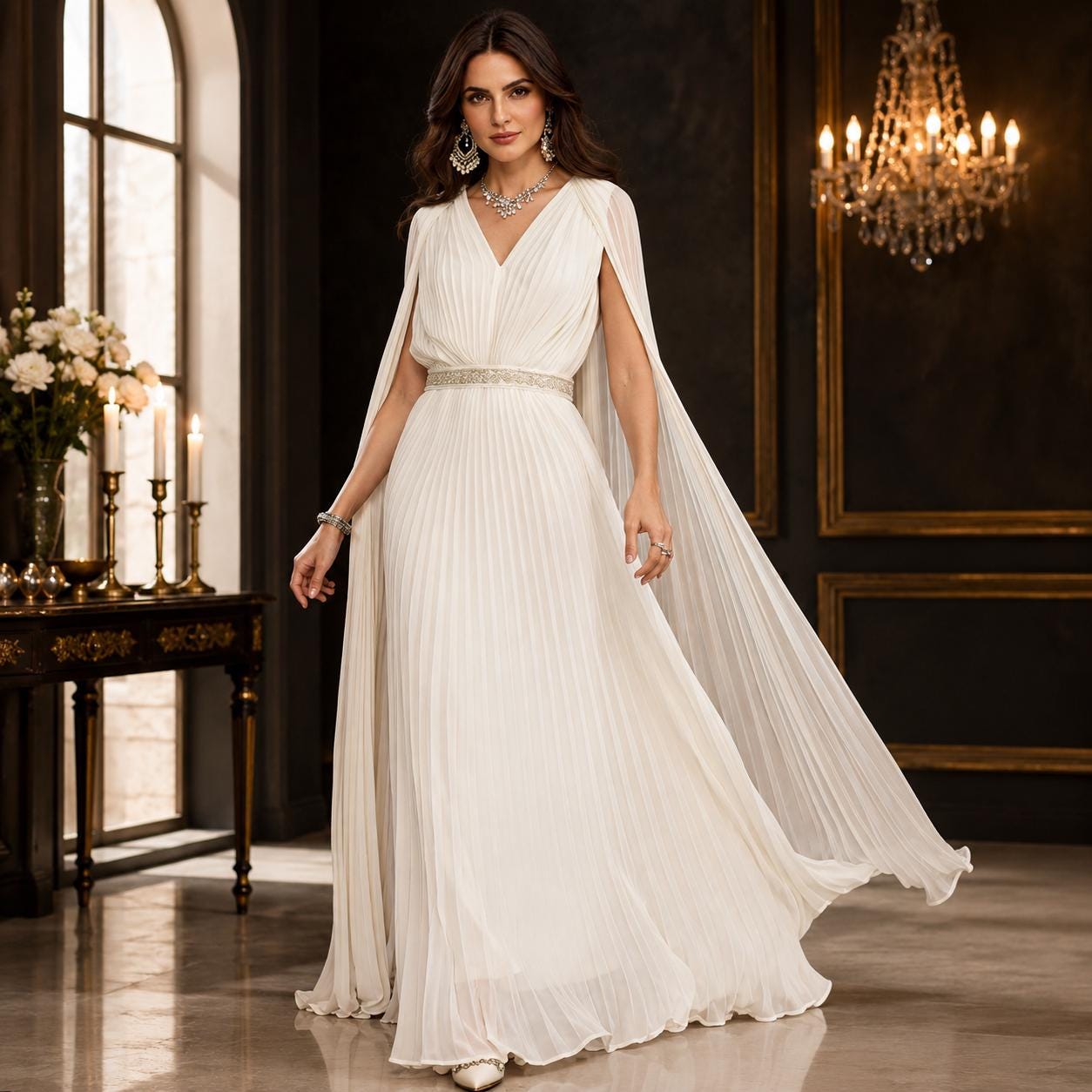 White Grecian Pleated Maxi Dress, Goddess Bridal Gown, Cape Sleeve Evening Formal Prom - image 6