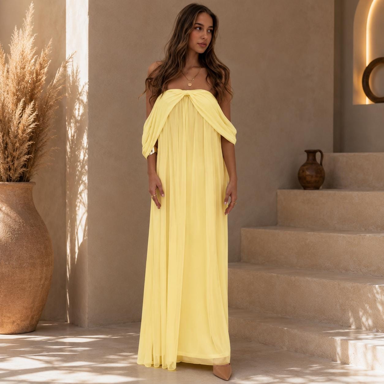 Off-Shoulder Grecian Maxi Dress, Boho Chiffon Beach Wedding Gown - image 6